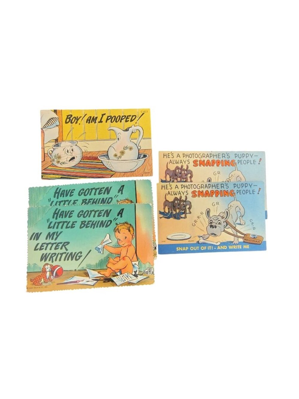 5 Vintage Postcards Boy Am I Pooped Little Behind in Writing Snapping Dog READ